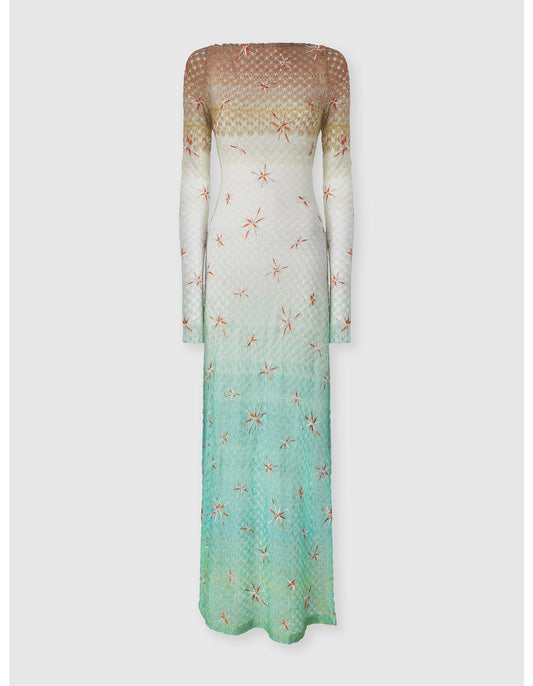 Missoni women's long sleeve cover-up dress in viscose lamé — Raschel dégradé spiderweb lace, embroidery, open back in multi product shot