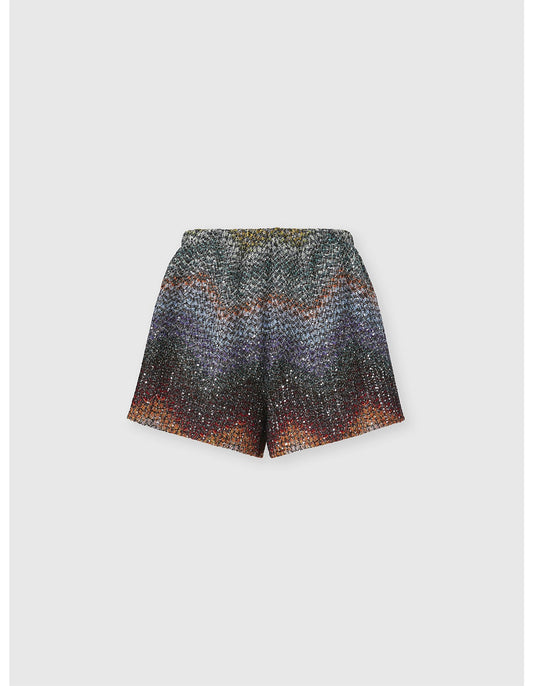Missoni women's shorts in viscose lamé — Caperdoni loom Greek zigzag knit, sequins, elasticated waistband in. multi dark