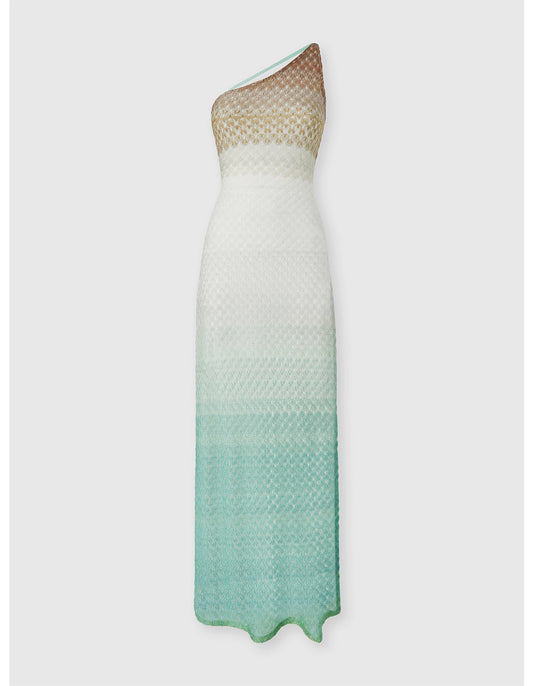 Missoni women's one-shoulder cover-up dress in viscose lamé — Raschel faded spiderweb lace knit, open back in multi - product shot