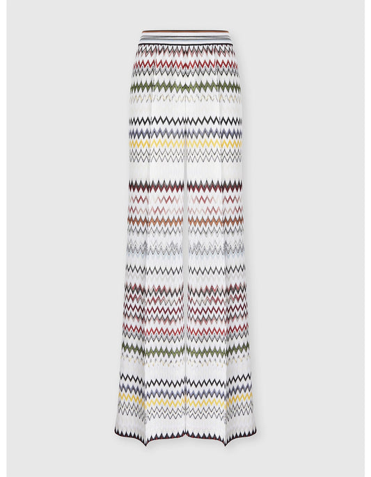 Missoni women's wide-leg pants in cotton viscose blend — zigzag chevron knit in white close up