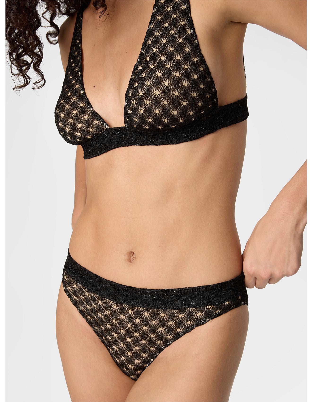 Missoni women's bralette bikini in viscose lamé — Raschel spiderweb lace knit in black, bottoms