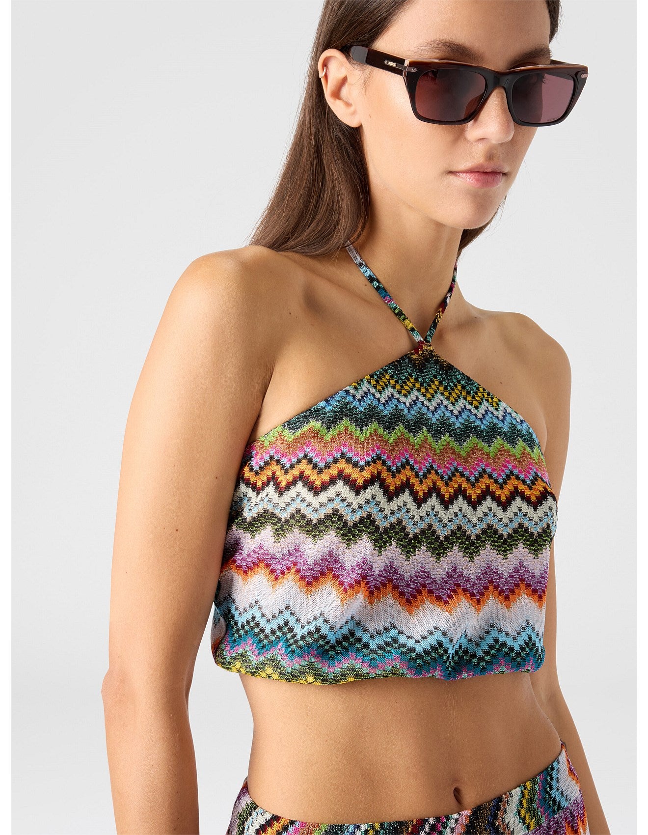 Missoni women's halter-neck top in viscose lamé — raschel micro zigzag pixel-effect knit in multi color close up