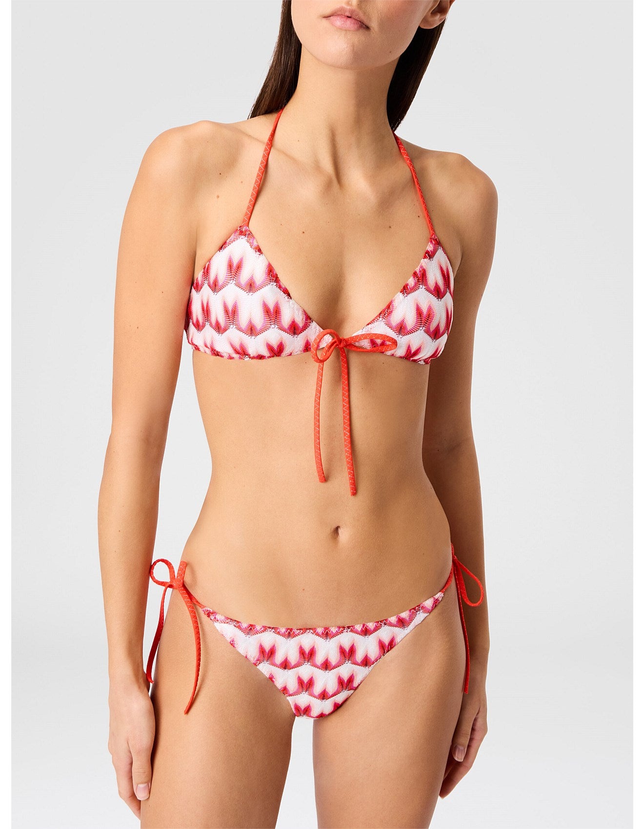 Missoni women's floral lace triangle bikini — viscose Raschel knit, front tie in red front view.