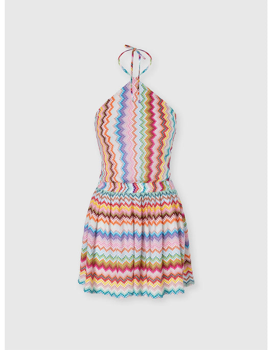 Missoni women's short halter jumpsuit in viscose lamé — Raschel zigzag pixel-effect knit in Multi