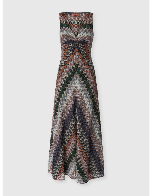 Missoni women's sleeveless maxi dress in viscose lamé — Raschel zigzag lace knit, tie neckline multi dark product shot