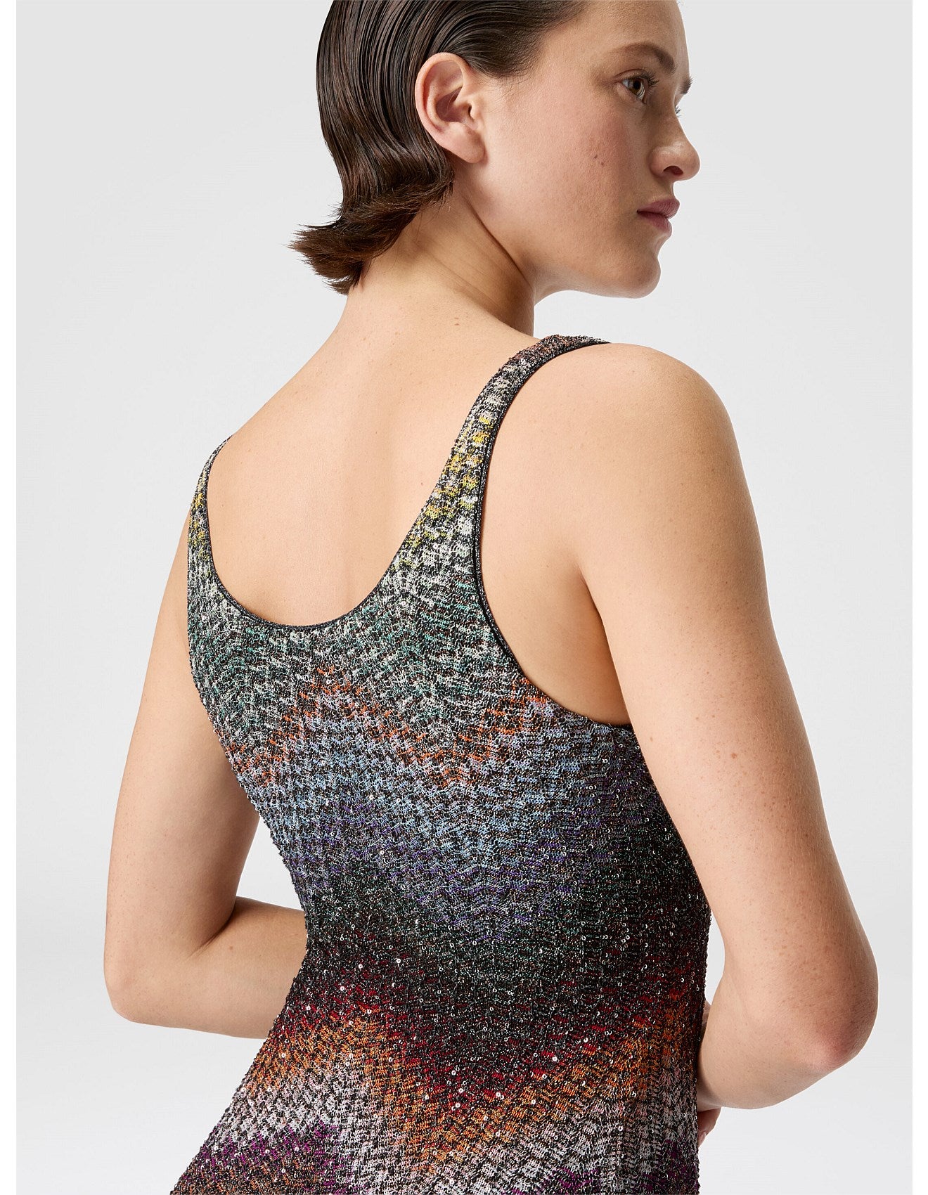 Missoni women's sequin mini dress in viscose lamé — Caperdoni loom zigzag knit, applied sequins, straps in multi back view closeup