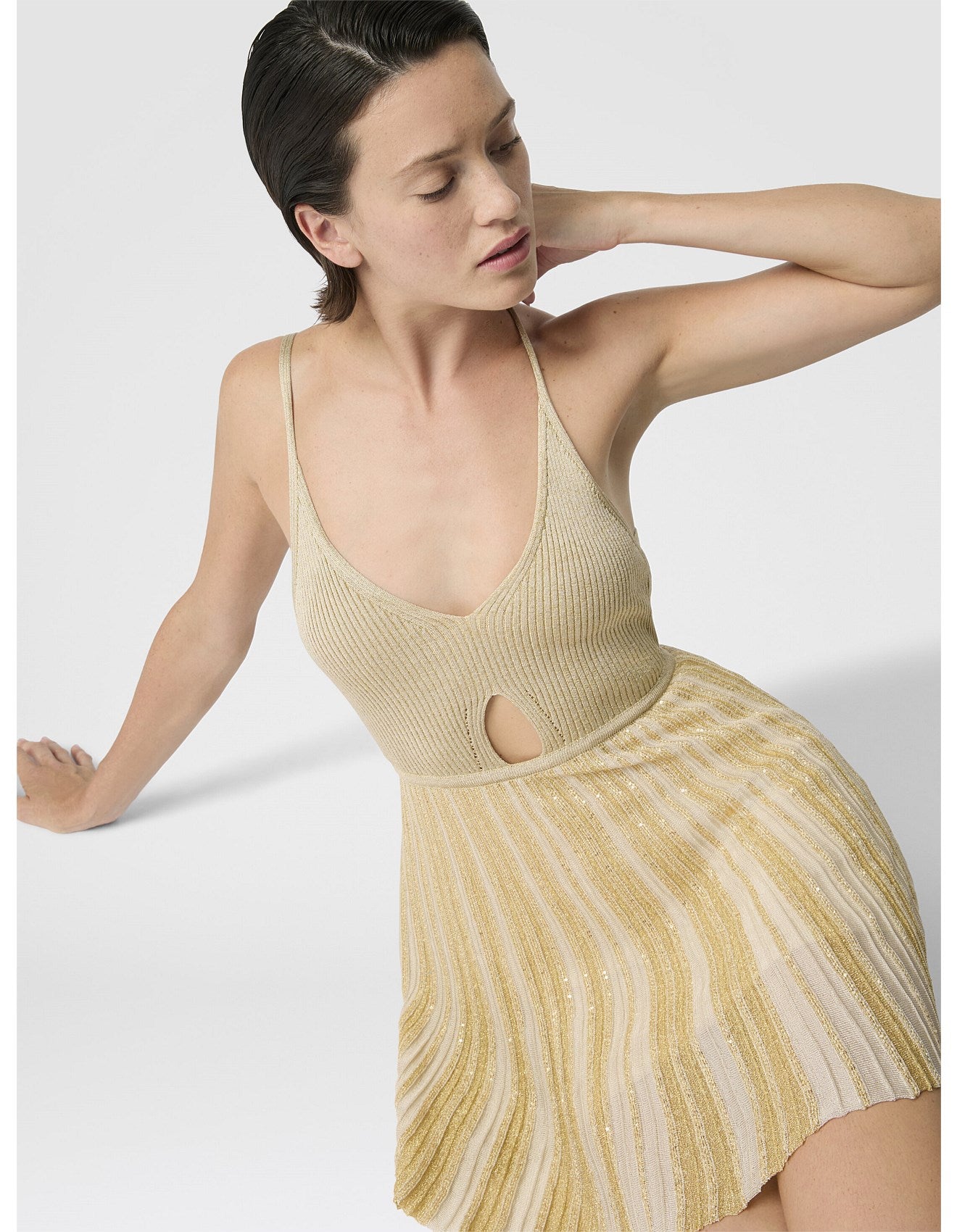 Missoni women's sleeveless mini dress in viscose lamé — tone-on-tone ribbed knit, sequins, strappy cut-out in Gold close up
