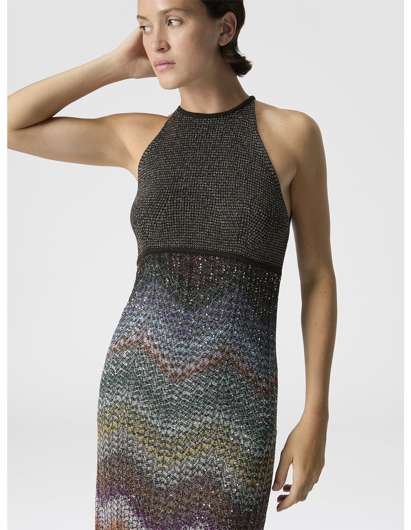 Missoni women's halter maxi dress — viscose lamé sequins, Caperdoni zigzag knit skirt, front view