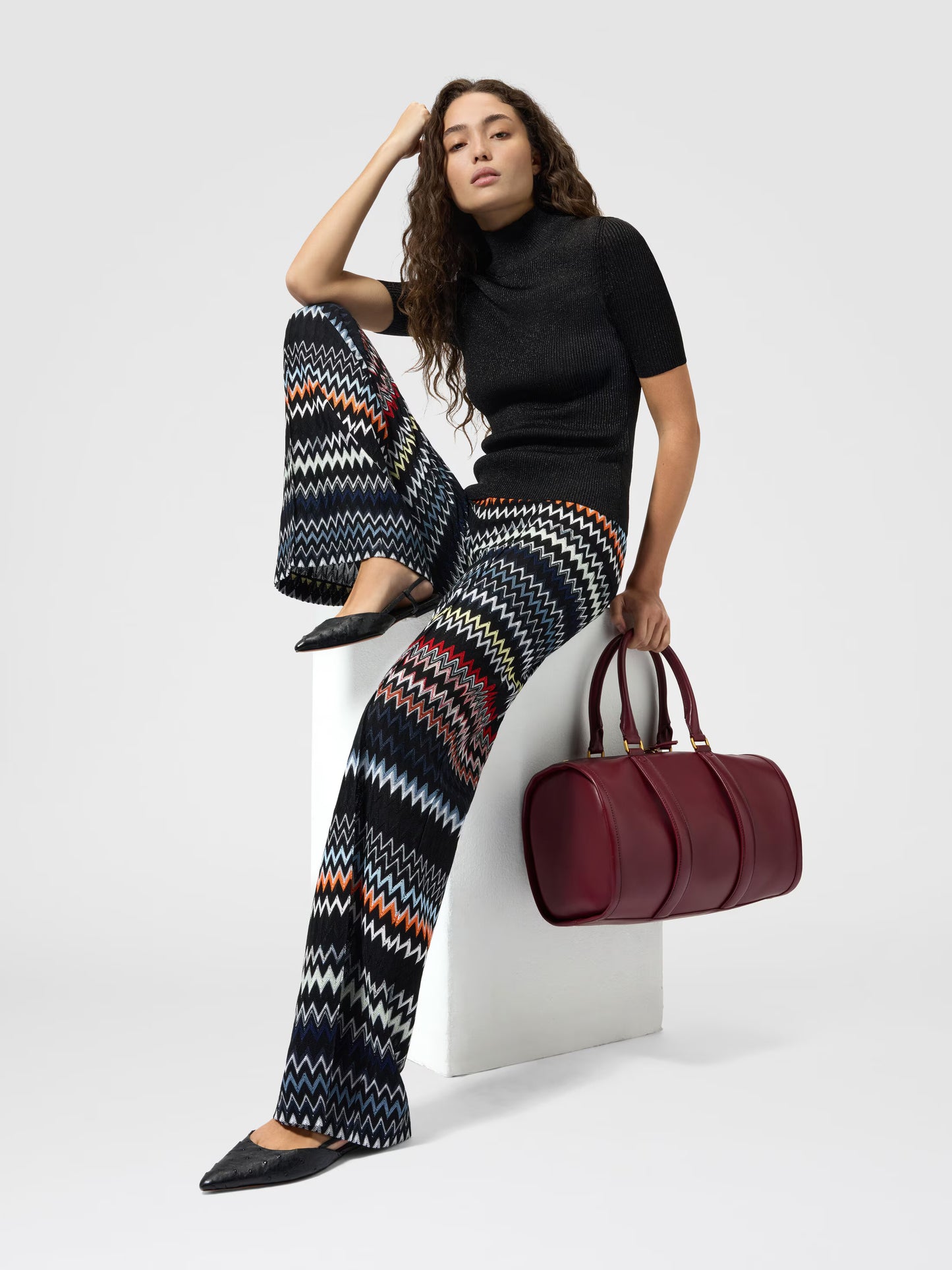 Missoni women's wide-leg pants in cotton viscose blend — zigzag chevron knit in black