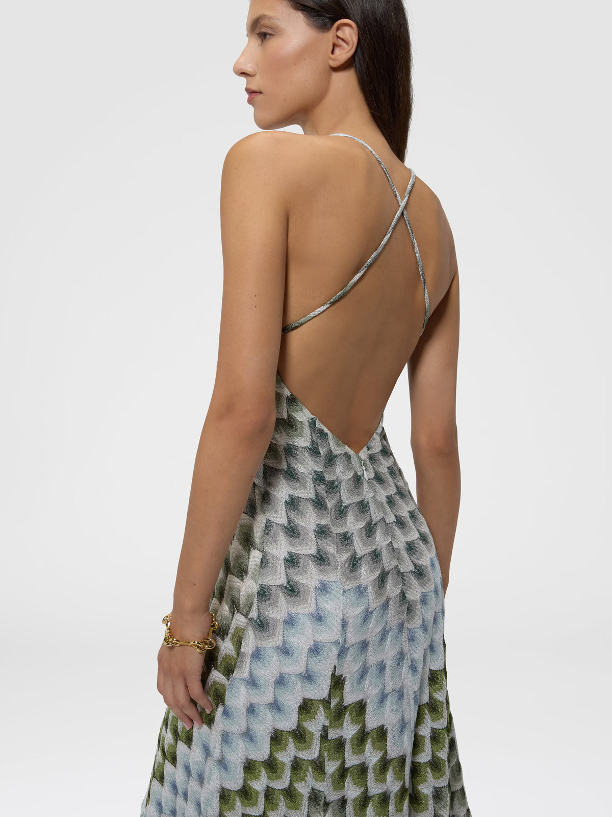 LONG LAMÉ DRESS W CROSSED STRAPS