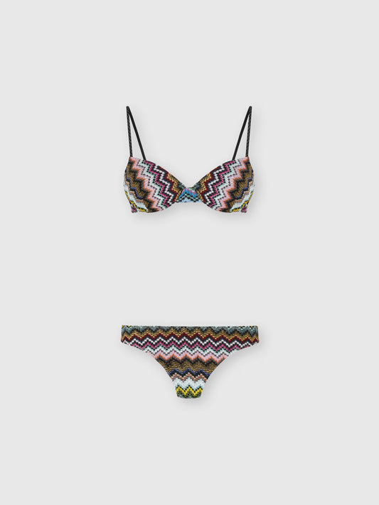 Missoni women's balconette bikini in viscose lamé — Raschel micro zigzag pixel-effect knit in Multi Dark
