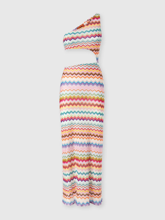 Missoni women's one-shoulder long cover-up in viscose lamé — micro zigzag pixel-effect knit, cut-out detail in multi