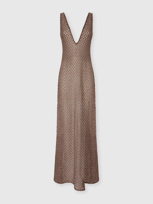 Missoni women's long cover-up dress in viscose lamé — Raschel spiderweb lace knit, V-neckline, open back in Brown