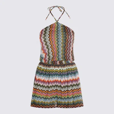 Missoni women's short halter jumpsuit in viscose lamé — Raschel zigzag pixel-effect knit in Multi dark