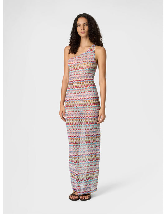 Missoni women's one-shoulder long cover-up in printed tulle — zigzag pattern in multi