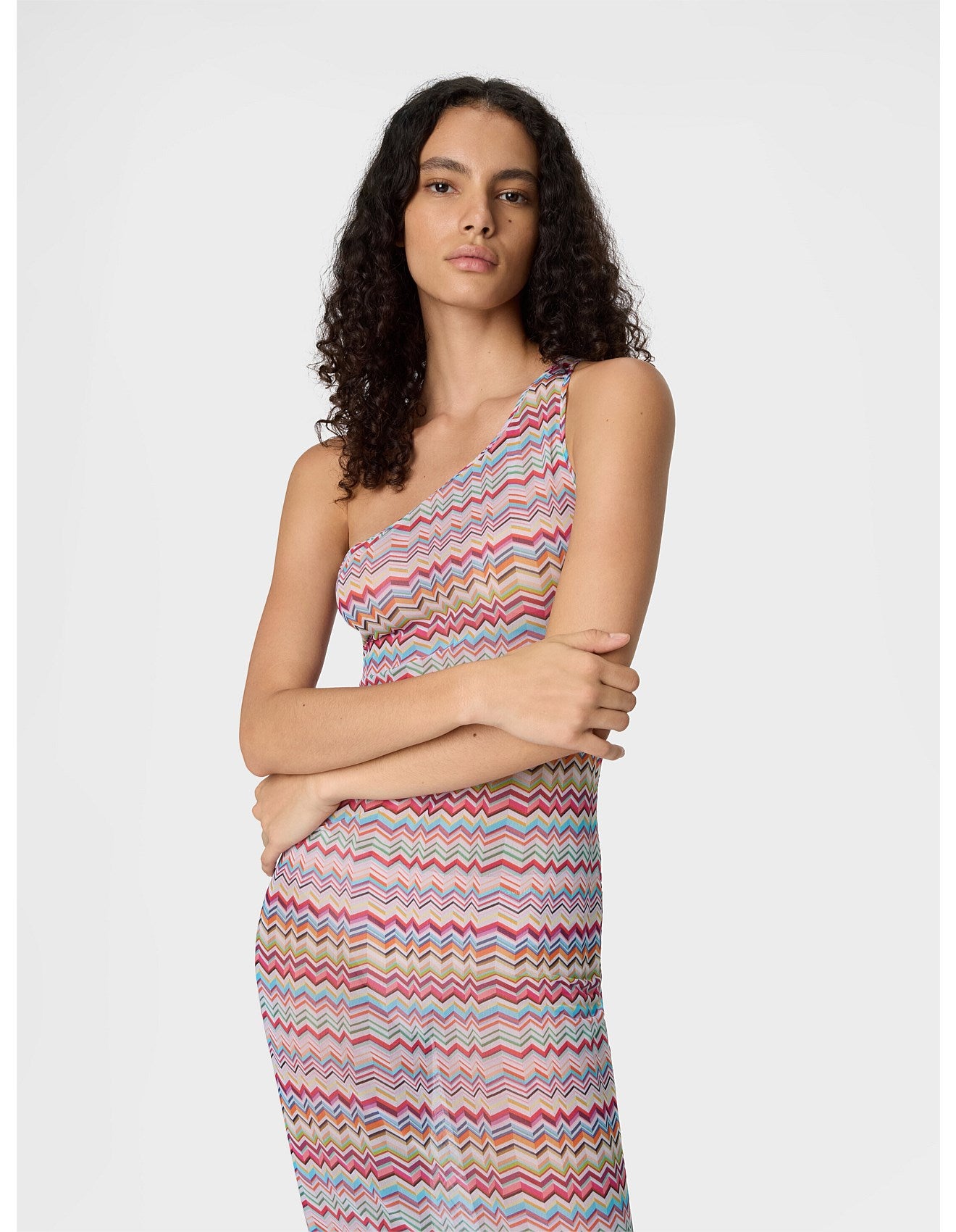 Missoni women's one-shoulder long cover-up in printed tulle — zigzag pattern in multi close up