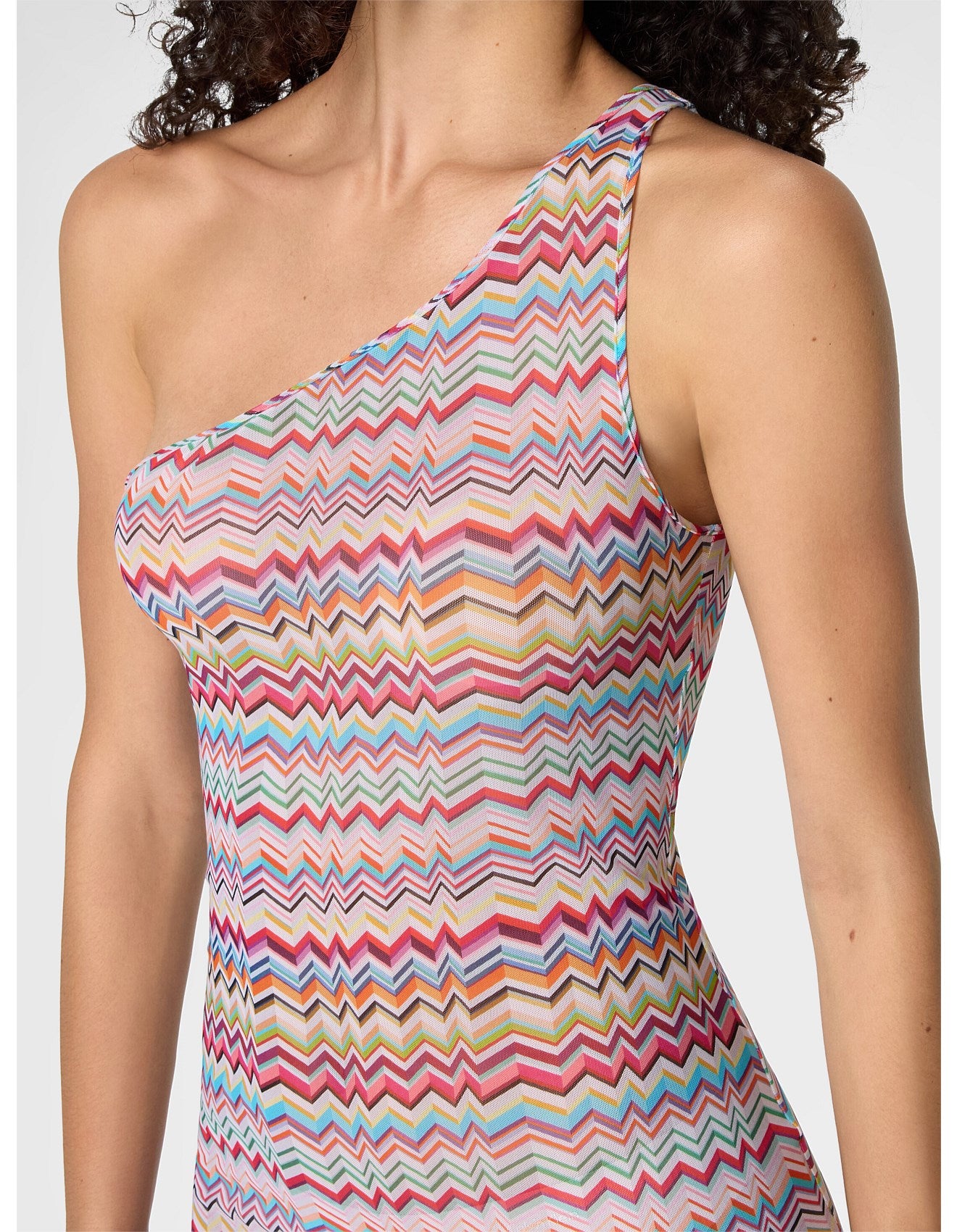 Missoni women's one-shoulder long cover-up in printed tulle — zigzag pattern in multi close up