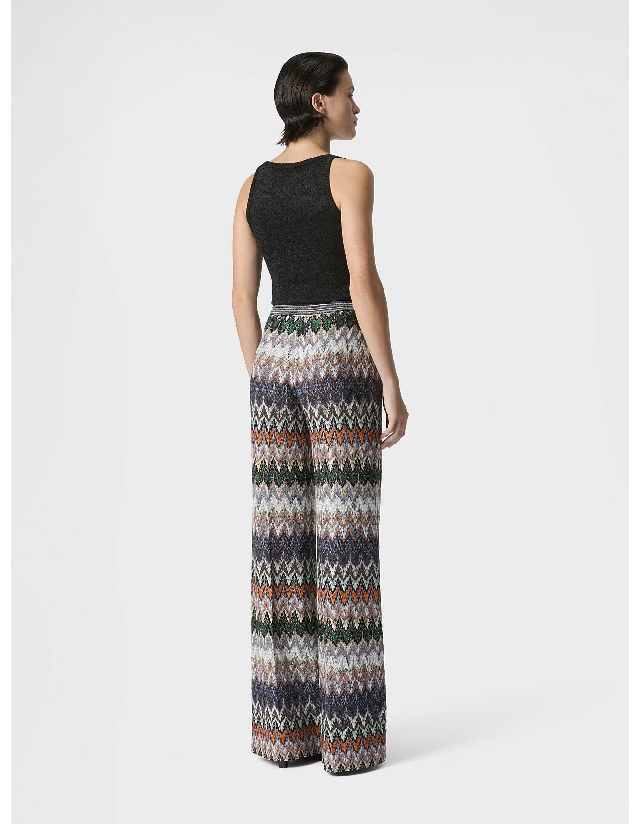 Missoni women's wide-leg pants in cotton viscose lamé — Raschel lace knit in dark multi back detail