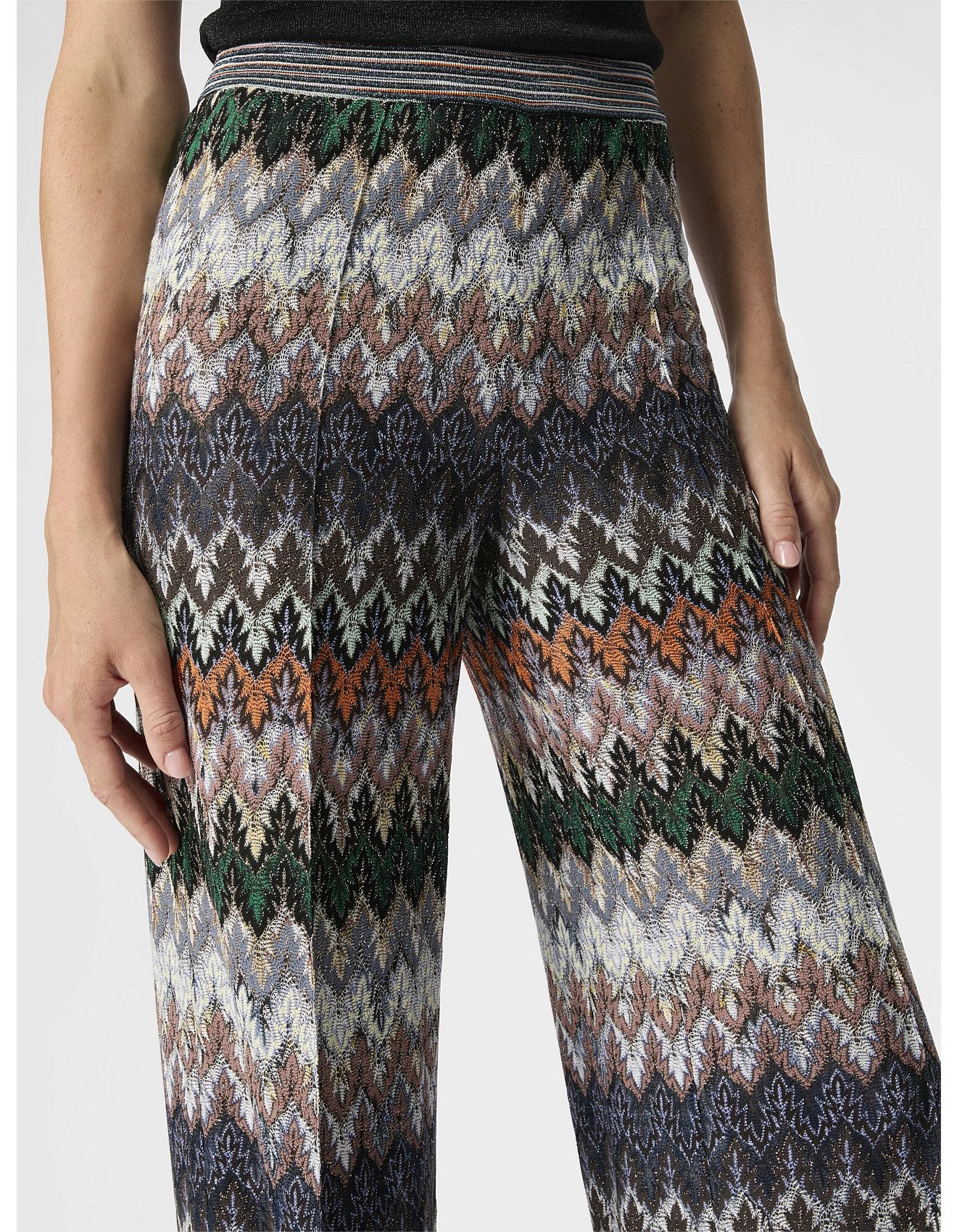 Missoni women's wide-leg pants in cotton viscose lamé — Raschel lace knit in dark multi close up