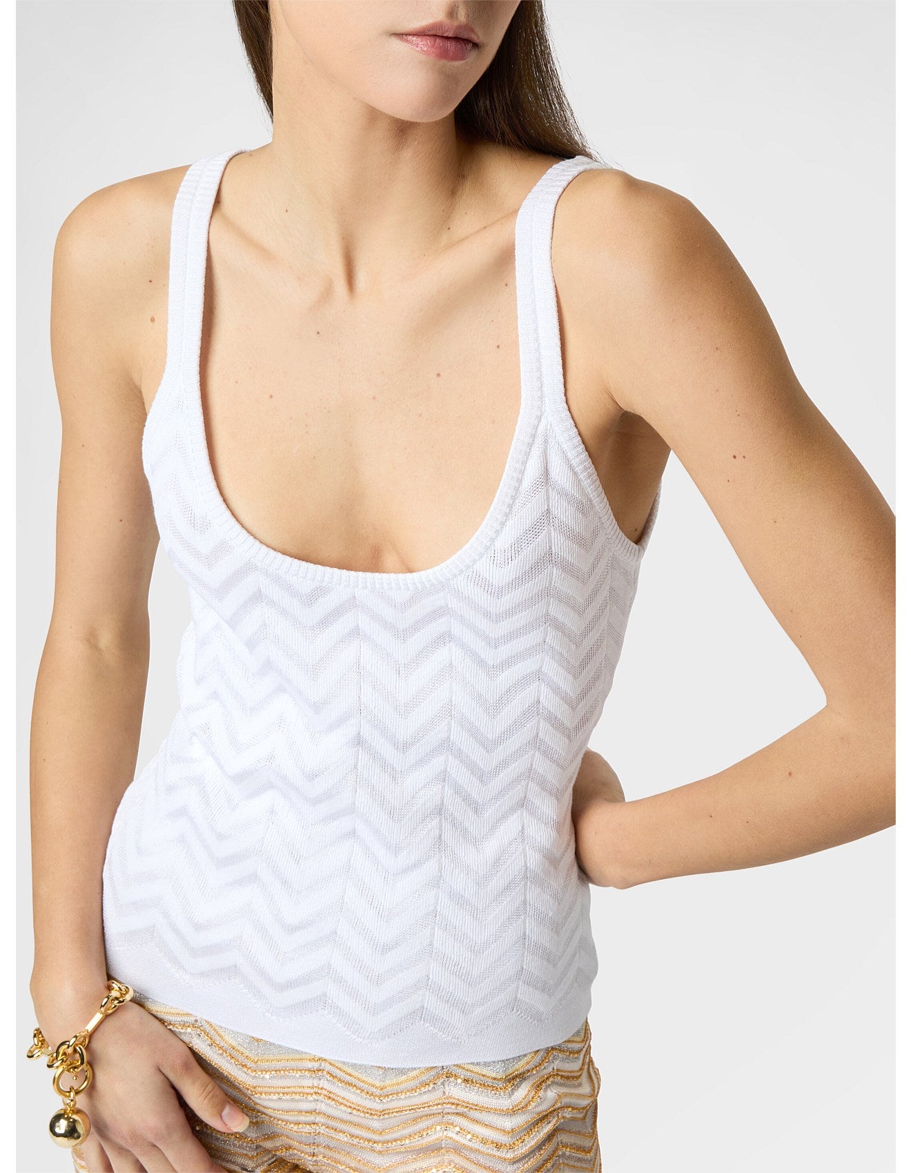 Missoni women's stretch tank top in cotton viscose blend — tone-on-tone chevron knit in white close up shot