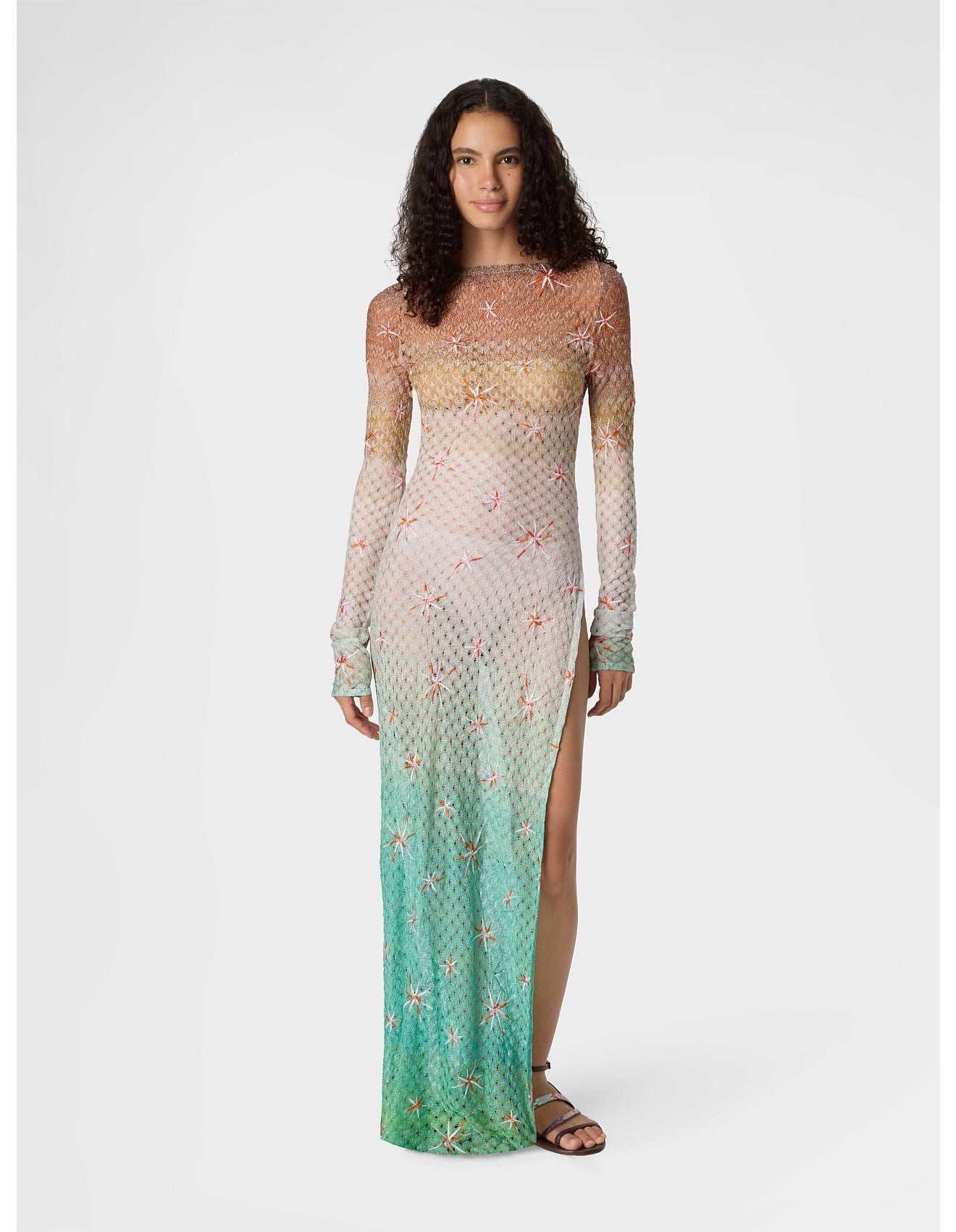 Missoni women's long sleeve cover-up dress in viscose lamé — Raschel dégradé spiderweb lace, embroidery, open back in multi
