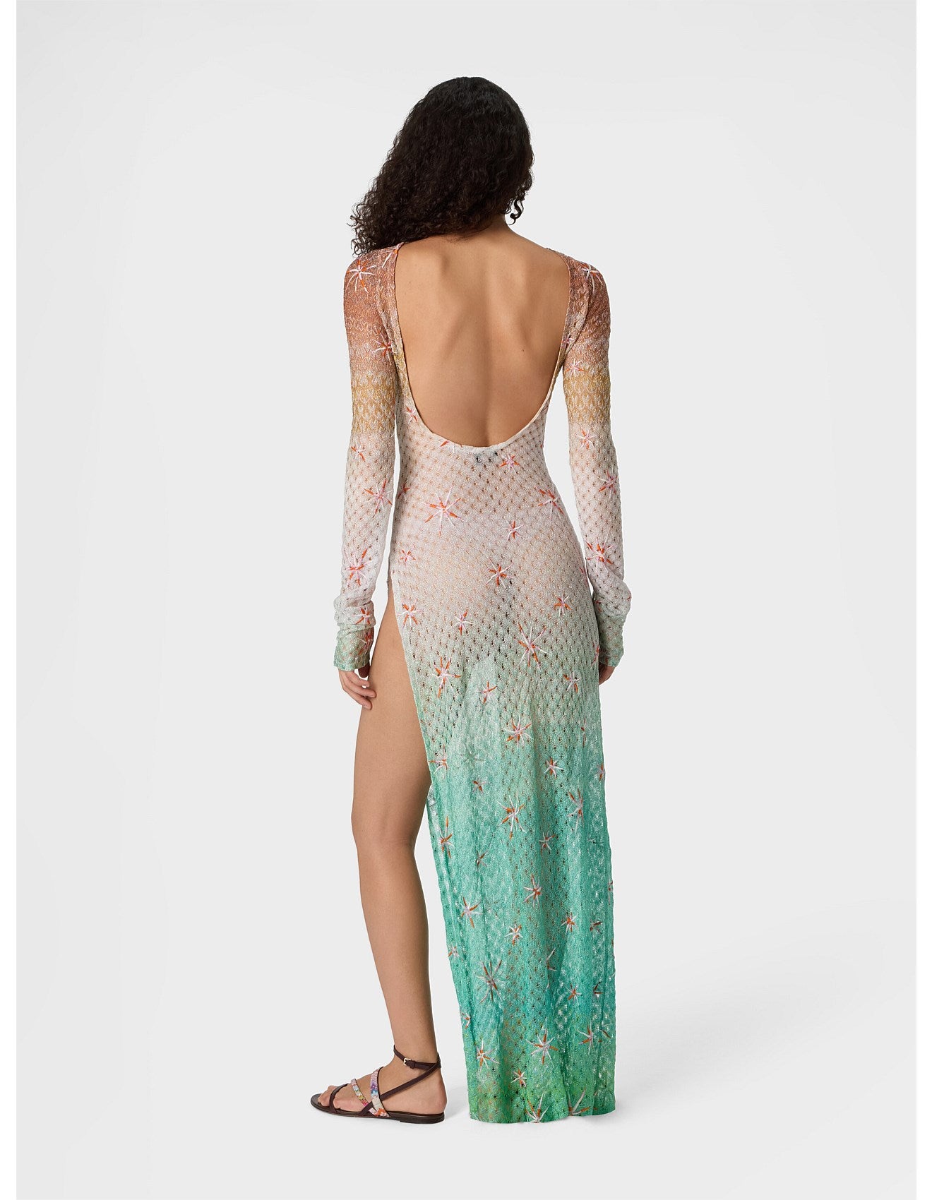 Missoni women's long sleeve cover-up dress in viscose lamé — Raschel dégradé spiderweb lace, embroidery, open back in multi back view