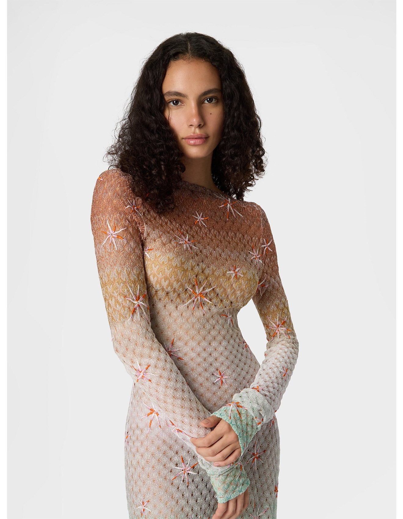Missoni women's long sleeve cover-up dress in viscose lamé — Raschel dégradé spiderweb lace, embroidery, open back in multi top half close up