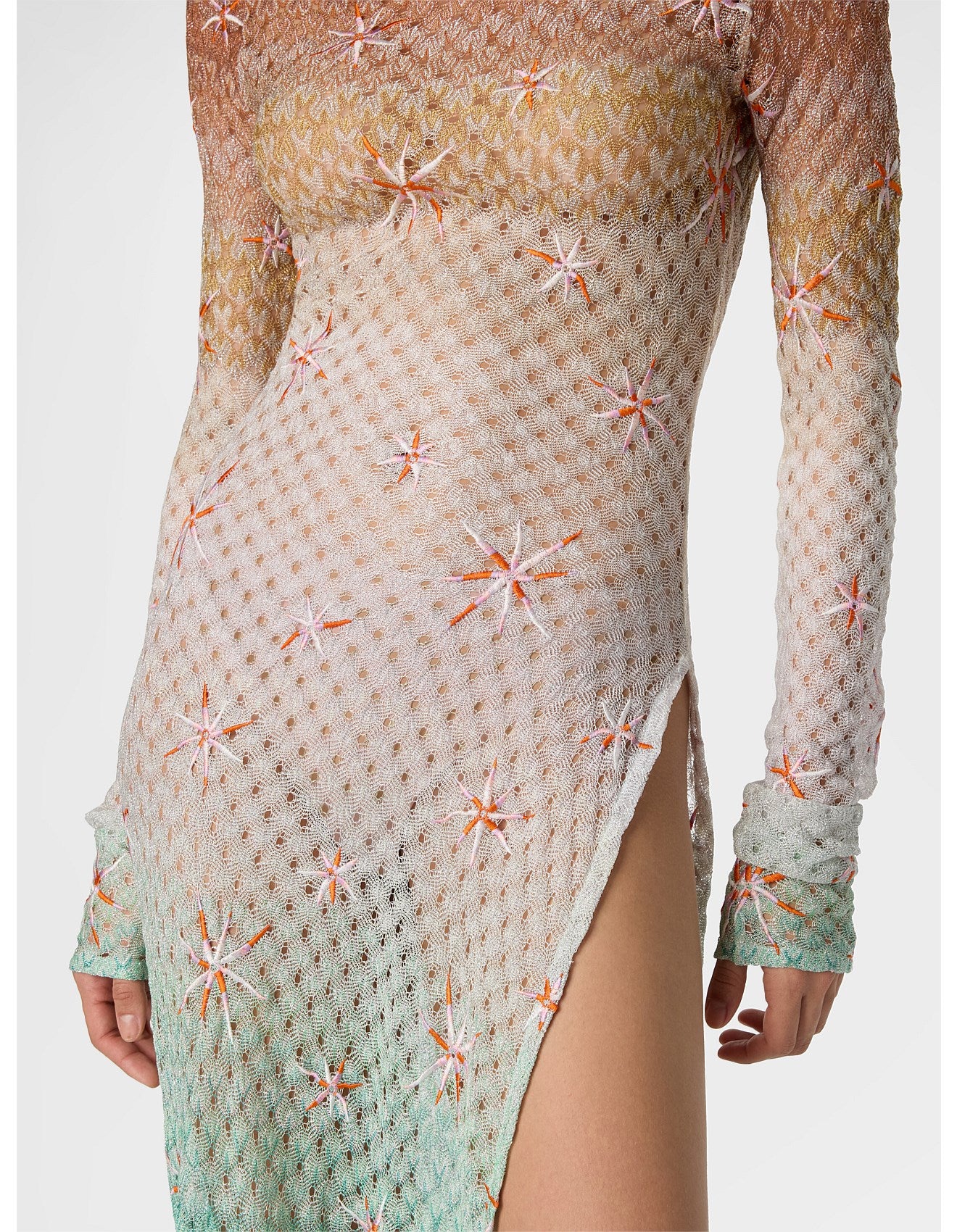 Missoni women's long sleeve cover-up dress in viscose lamé — Raschel dégradé spiderweb lace, embroidery, open back in multi close up
