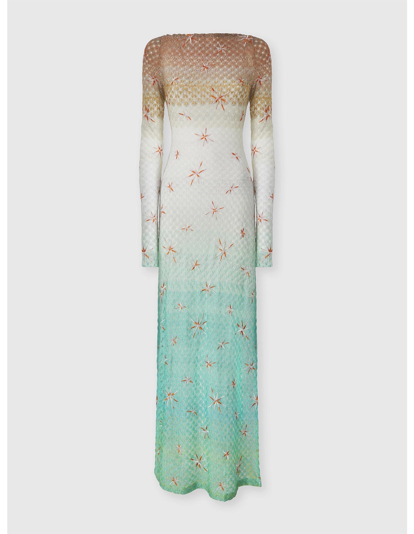 Missoni women's long sleeve cover-up dress in viscose lamé — Raschel dégradé spiderweb lace, embroidery, open back in multi product shot 