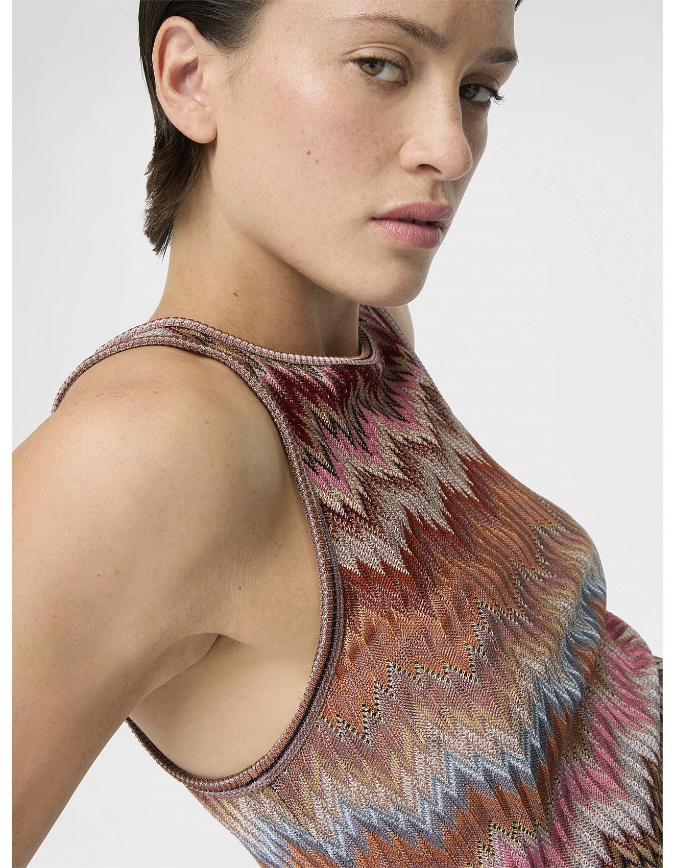 Close up of Missoni women's sleeveless crewneck top in 100% viscose.