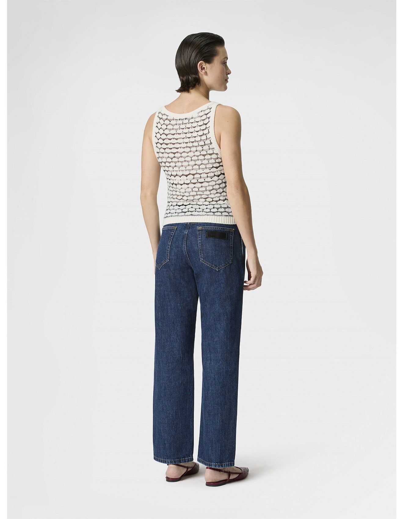 Missoni women's tank top in cashmere viscose blend — mesh knit, contrasting ribbed trims in white, back view