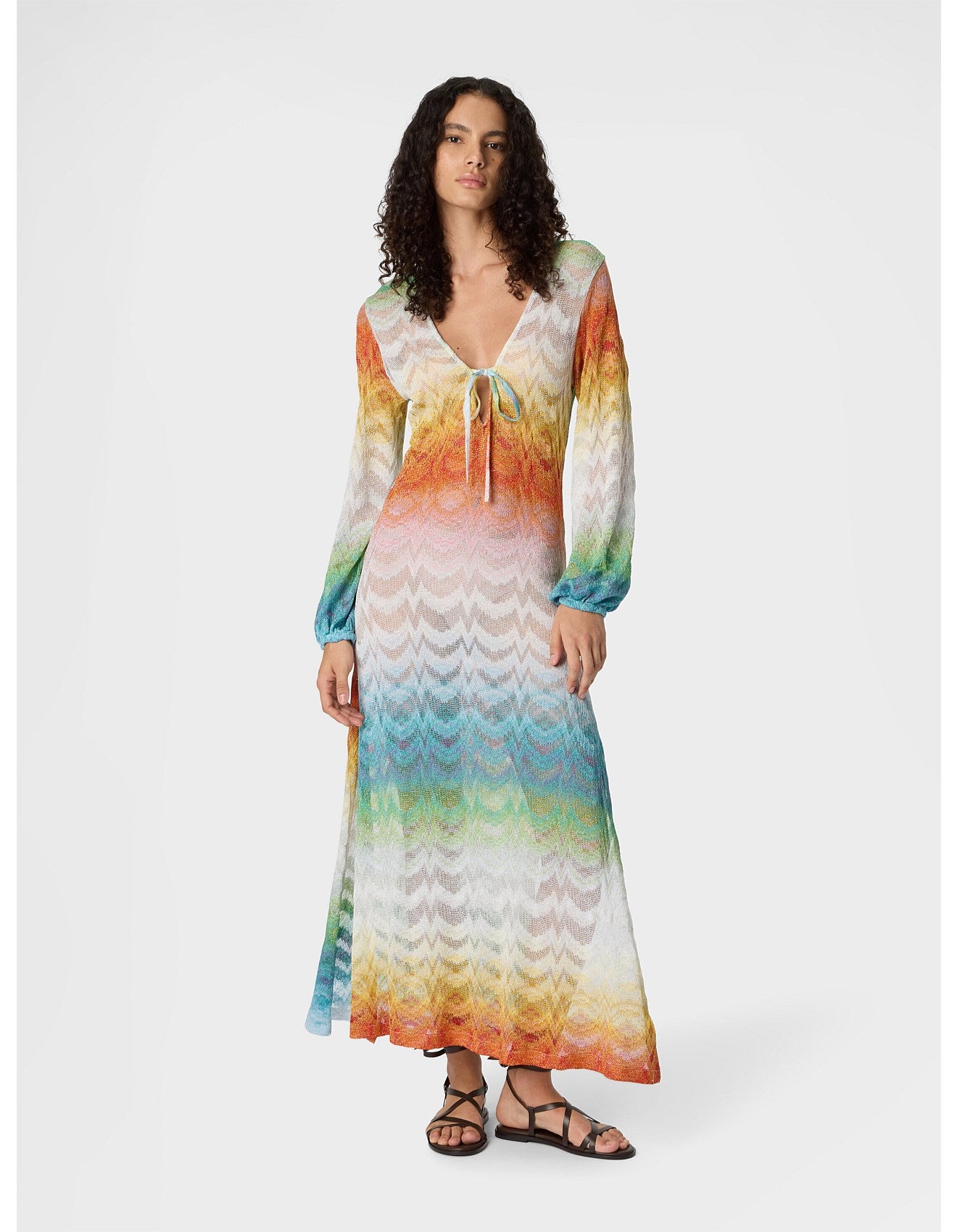 Missoni women's long sleeve cover-up dress in shaded viscose lamé — raschel psychedelic knit, V-neckline in Multi
