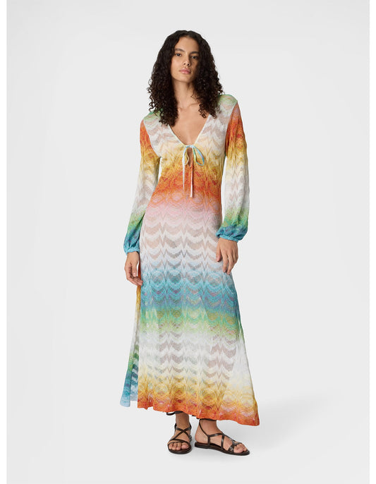 Missoni women's long sleeve cover-up dress in shaded viscose lamé — raschel psychedelic knit, V-neckline in Multi
