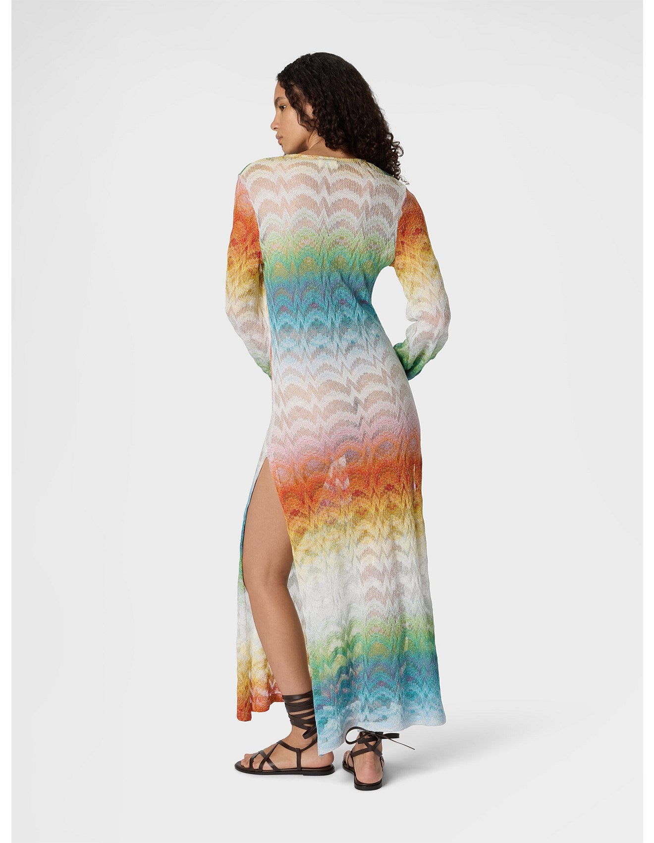 Missoni women's long sleeve cover-up dress in shaded viscose lamé — raschel psychedelic knit, V-neckline in Multi, back view