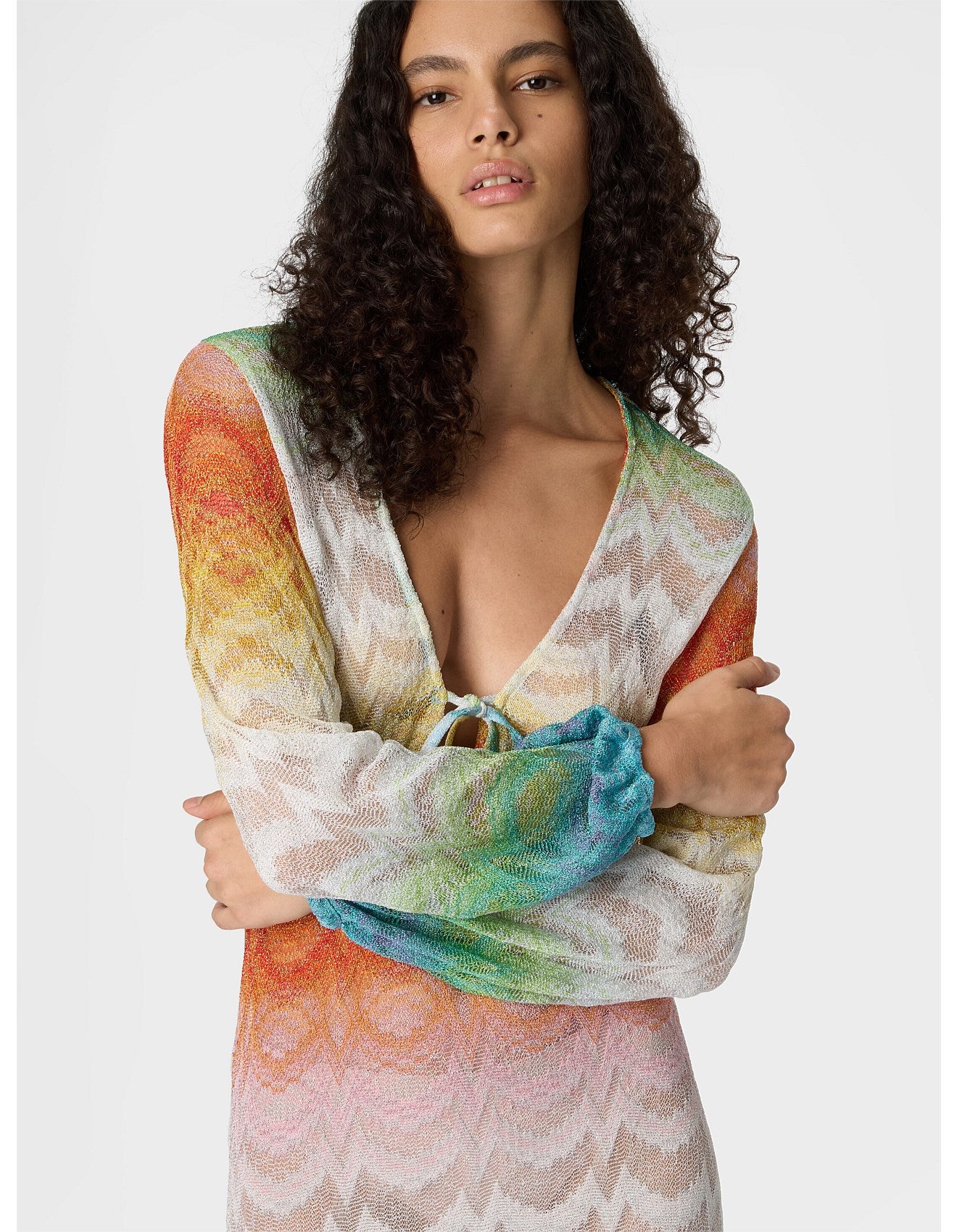 Missoni women's long sleeve cover-up dress in shaded viscose lamé — raschel psychedelic knit, V-neckline in Multi top half