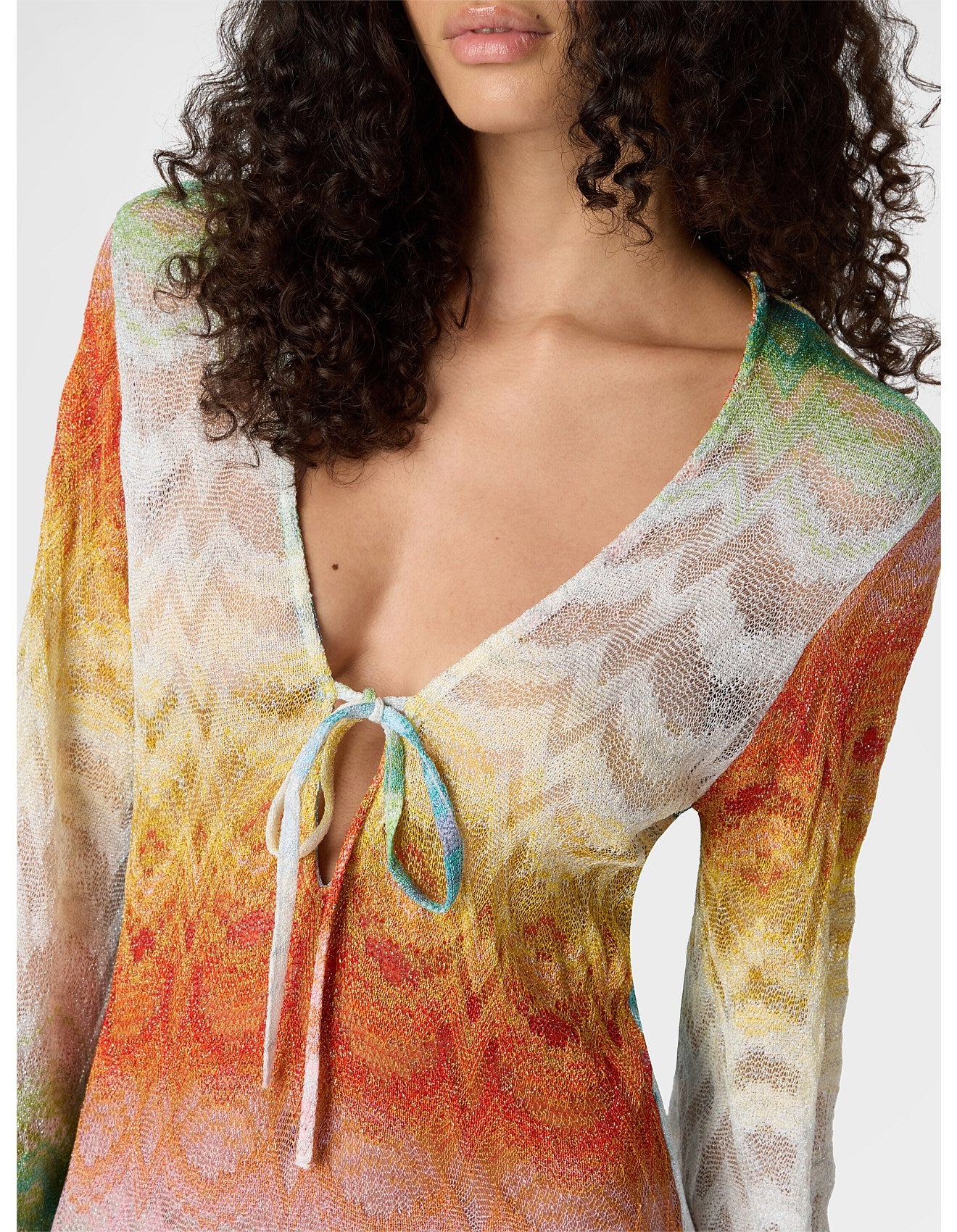 Missoni women's long sleeve cover-up dress in shaded viscose lamé — raschel psychedelic knit, V-neckline in Multi close up