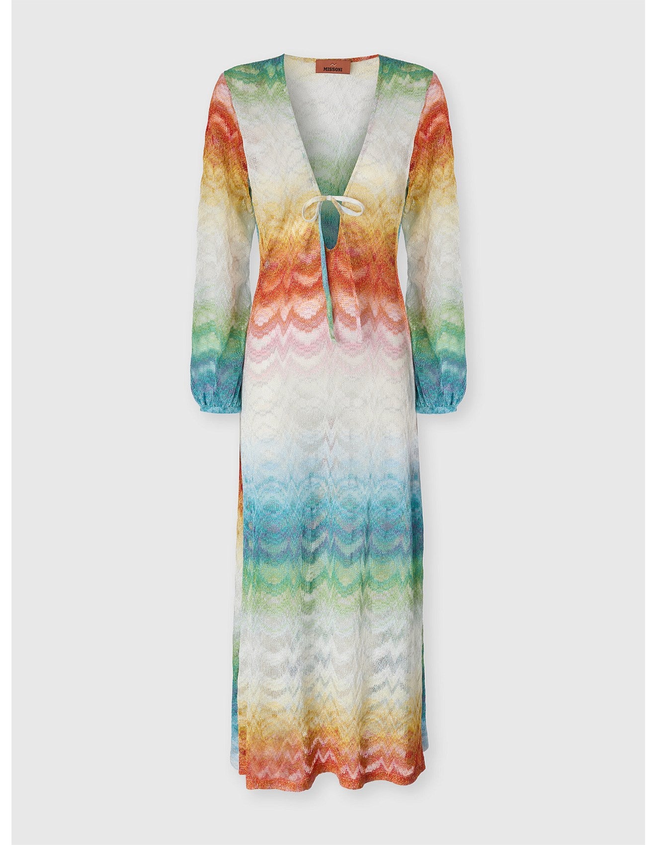Missoni women's long sleeve cover-up dress in shaded viscose lamé — raschel psychedelic knit, V-neckline in Multi