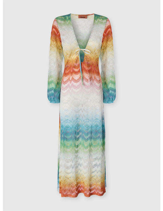 Missoni women's long sleeve cover-up dress in shaded viscose lamé — raschel psychedelic knit, V-neckline in Multi