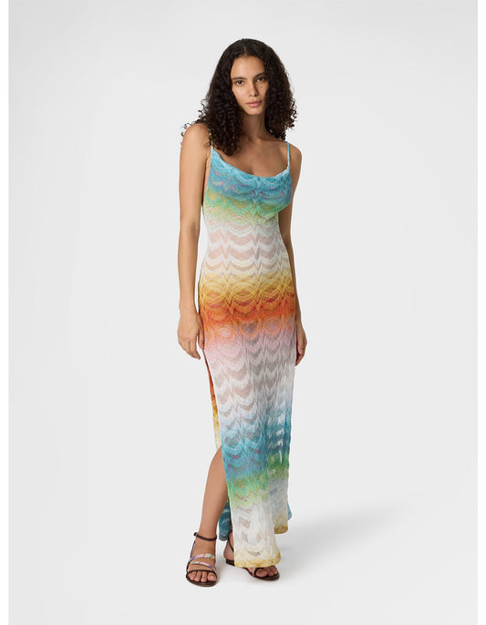 Missoni women's long cover-up dress in shaded viscose lamé — Raschel wave knit, open back, side slits in multi