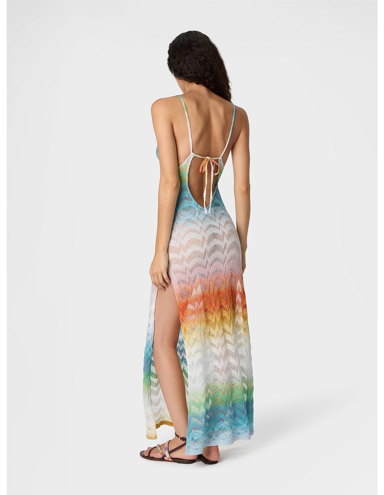 Missoni women's long cover-up dress in shaded viscose lamé — Raschel wave knit, open back, side slits in multi, back view