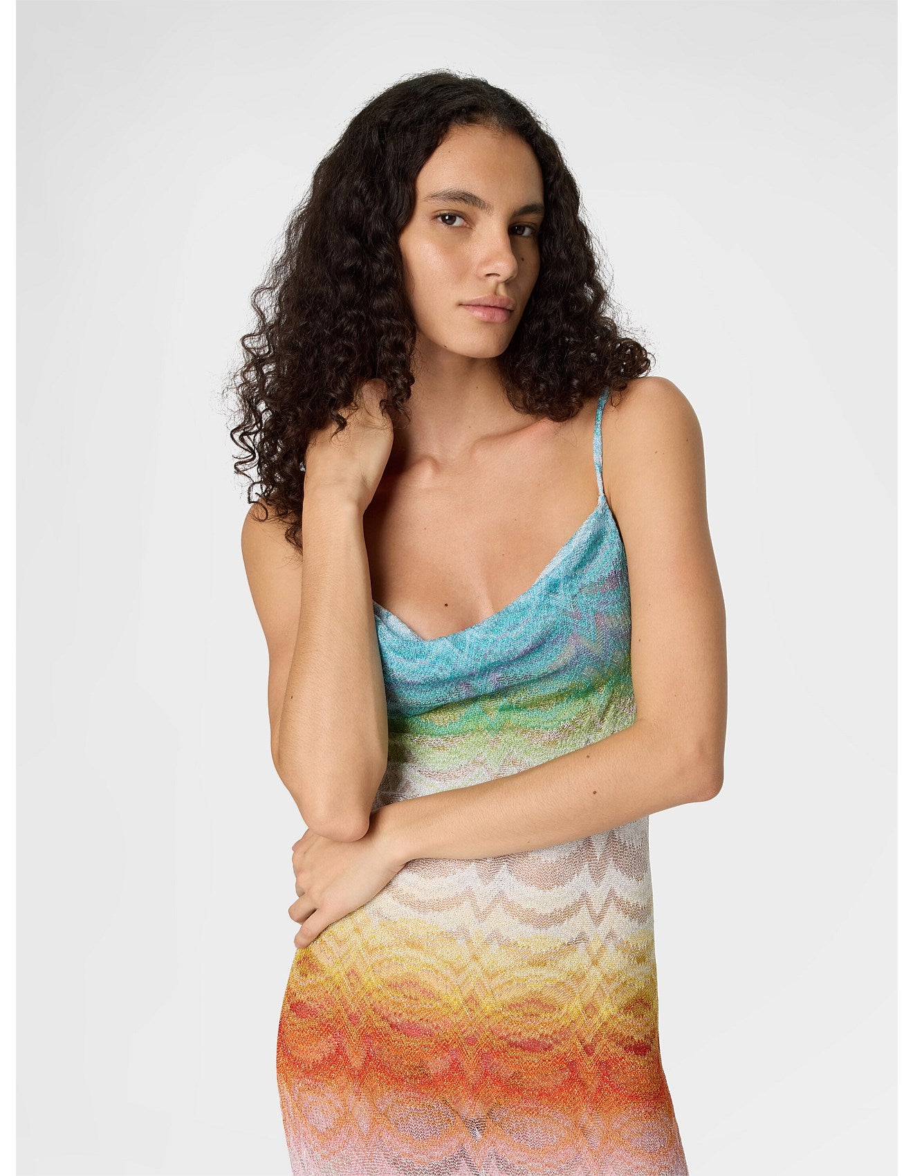 Missoni women's long cover-up dress in shaded viscose lamé — Raschel wave knit, open back, side slits in multi, close up