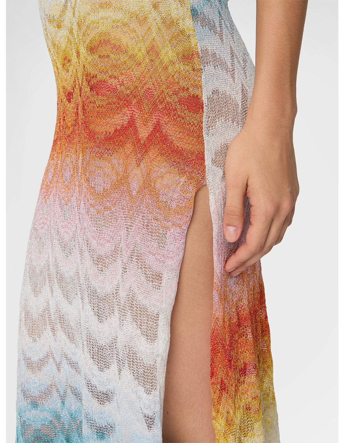 Missoni women's long cover-up dress in shaded viscose lamé — Raschel wave knit, open back, side slits in multi, close up of slit