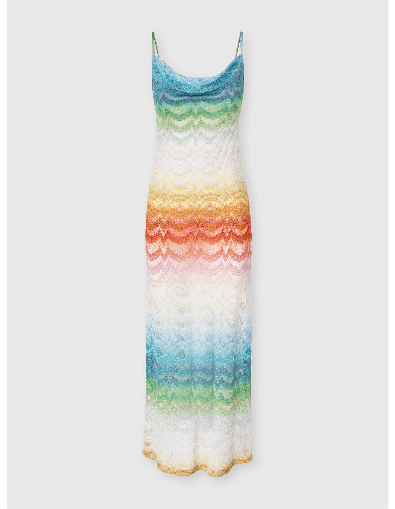 Missoni women's long cover-up dress in shaded viscose lamé — Raschel wave knit, open back, side slits in multi, product shot only