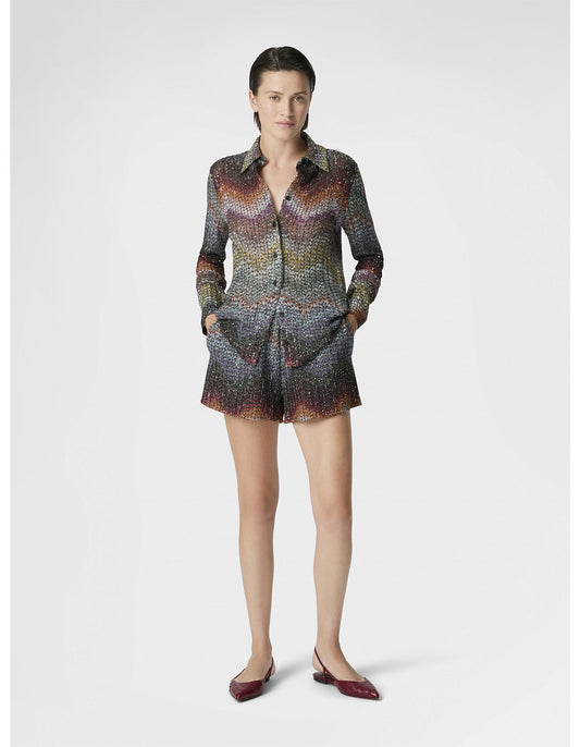 Missoni women's shorts in viscose lamé — Caperdoni loom Greek zigzag knit, sequins, elasticated waistband in. multi dark