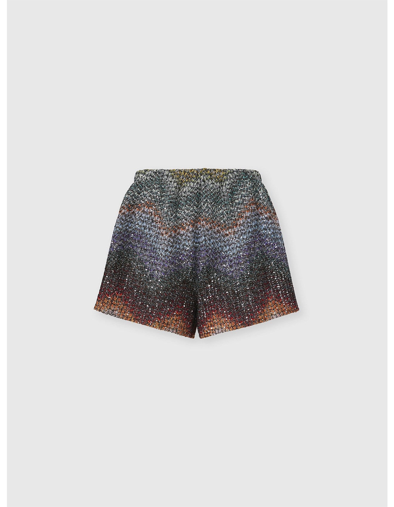 Missoni women's shorts in viscose lamé — Caperdoni loom Greek zigzag knit, sequins, elasticated waistband in. multi dark