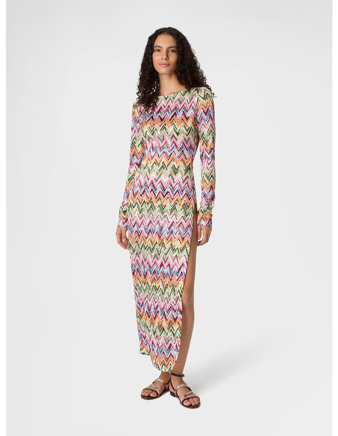Missoni women's long sleeve beach cover-up dress in stretch viscose — zigzag lace knit, side slits, open back in multi