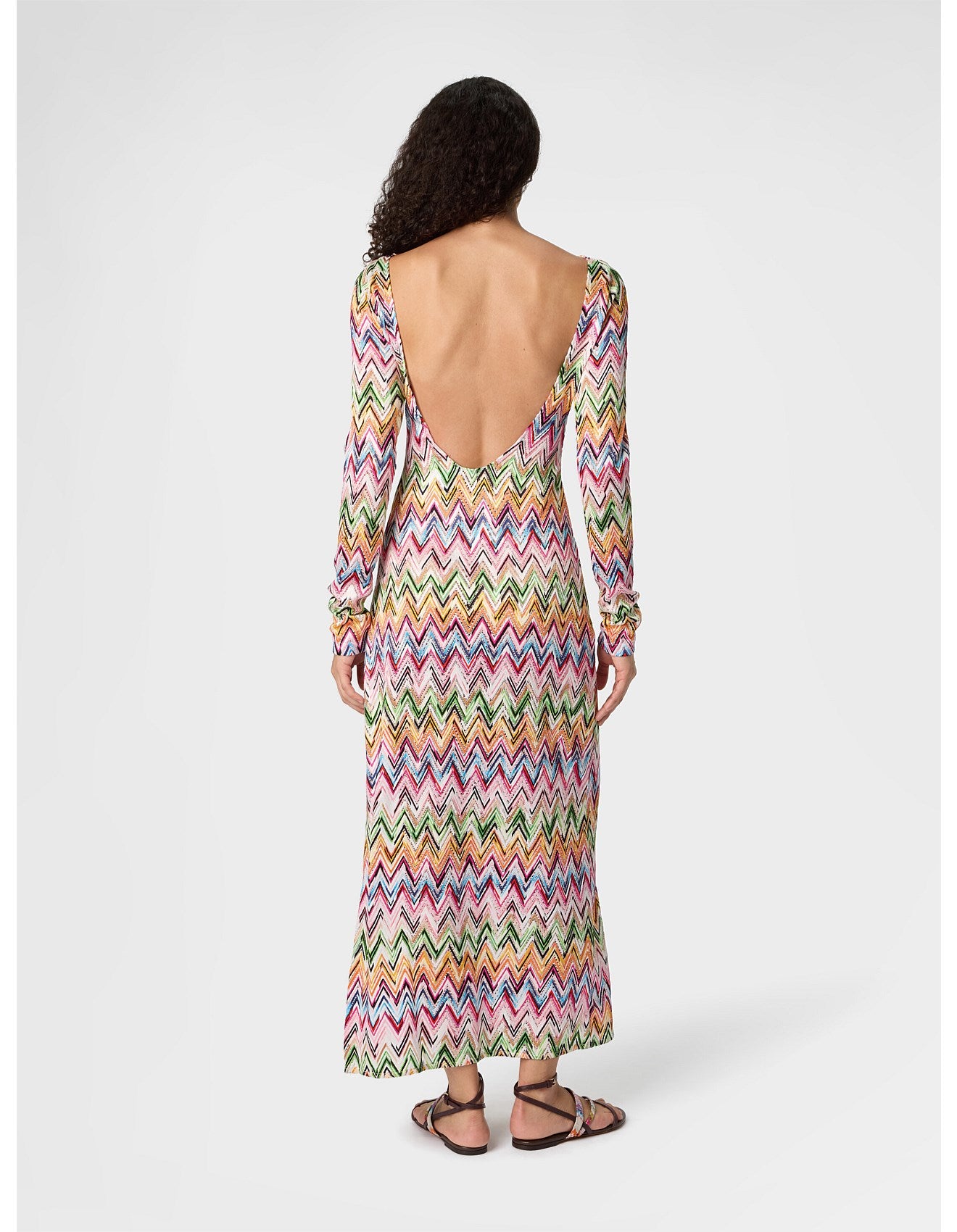 Missoni women's long sleeve beach cover-up dress in stretch viscose — zigzag lace knit, side slits, open back in multi back view