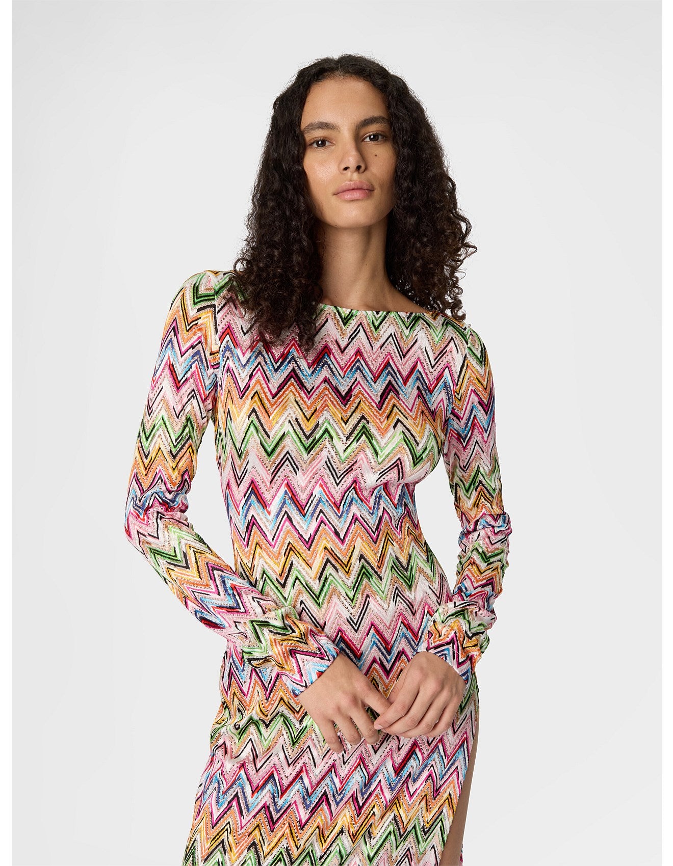 Missoni women's long sleeve beach cover-up dress in stretch viscose — zigzag lace knit, side slits, open back in multi close up