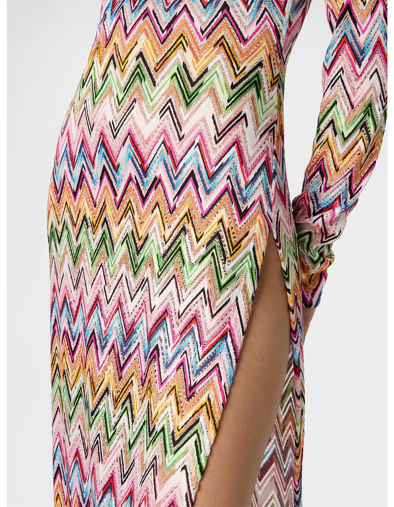 Missoni women's long sleeve beach cover-up dress in stretch viscose — zigzag lace knit, side slits, open back in multi close up