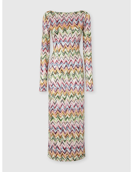 Missoni women's long sleeve beach cover-up dress in stretch viscose — zigzag lace knit, side slits, open back in multi product shot